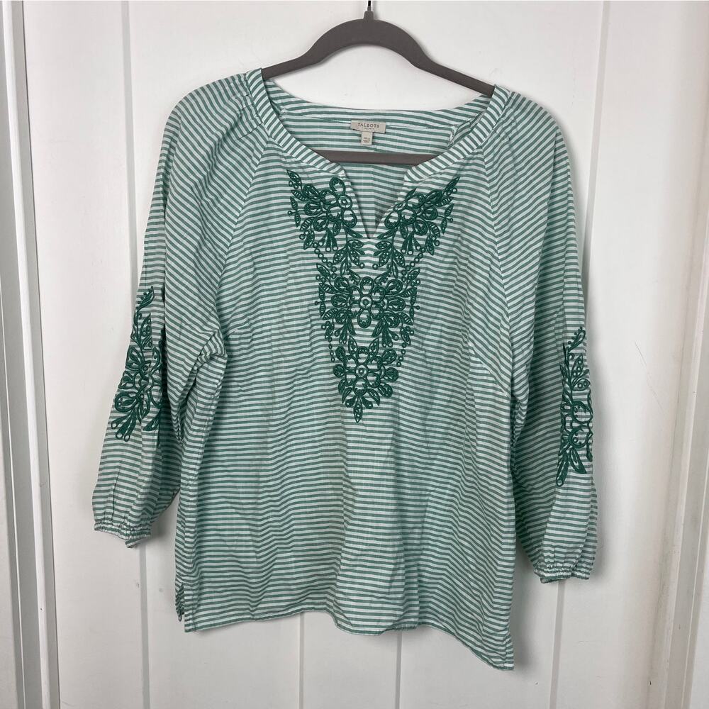 Talbots Women's Embroidered Tunic Green White Stripe Petite XL